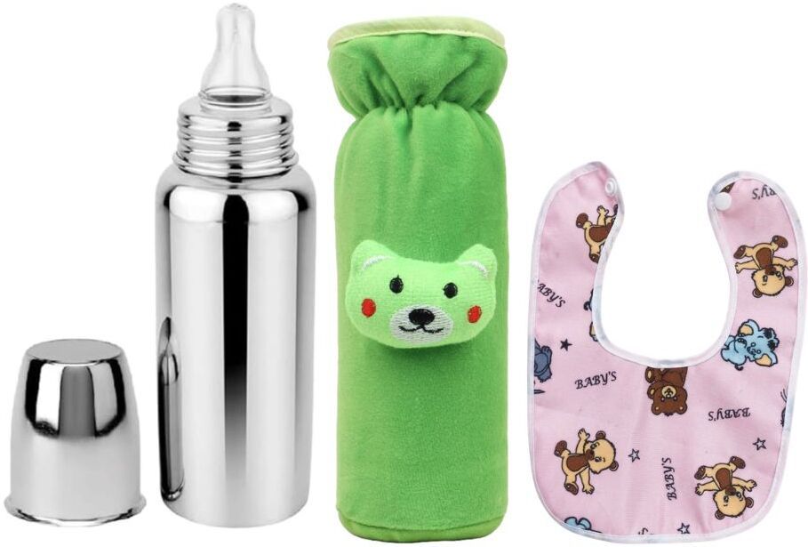 bluscaile Baby Feeding Milk Steel Bottle With Cover & Baby Bib 0-5 Years - 250 ml-picture-29