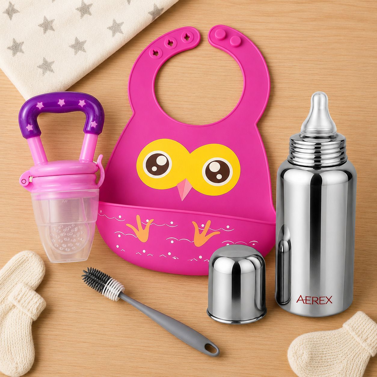 aerex Silicone Baby Feeding Set with Bib, Steel Bottle, Fruit Feeder & Cleaning Brush - 240 ml-picture-28