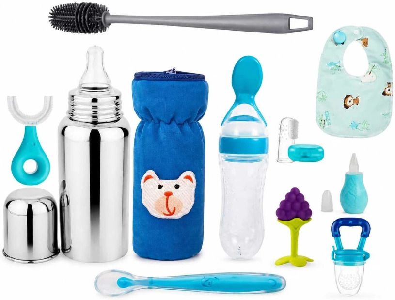 11 Pcs Baby Feeding & Care Gift Set with Steel Bottle Bib Brush Spoon Feeder-image-48