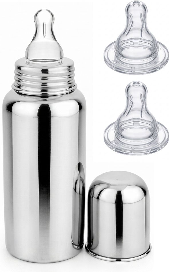 Stainless Steel Baby Feeding Bottle with Cap & 2 Extra Silicone Nipples Combo-image-33