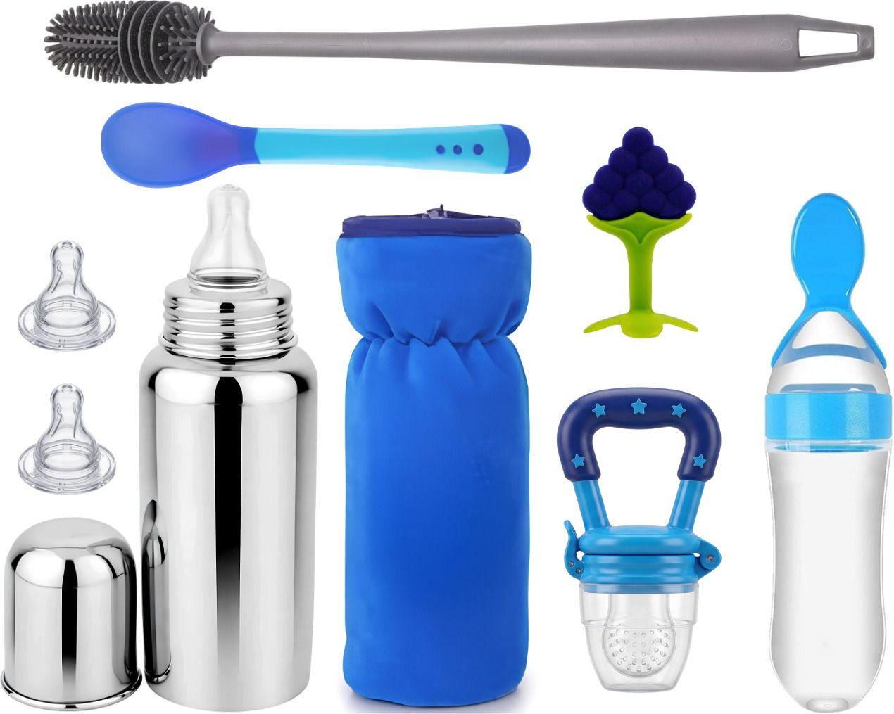 mini world Stainless Steel Baby Bottle 7-in-1 Feeding Set with Spoon, Teether & Brush-picture-43