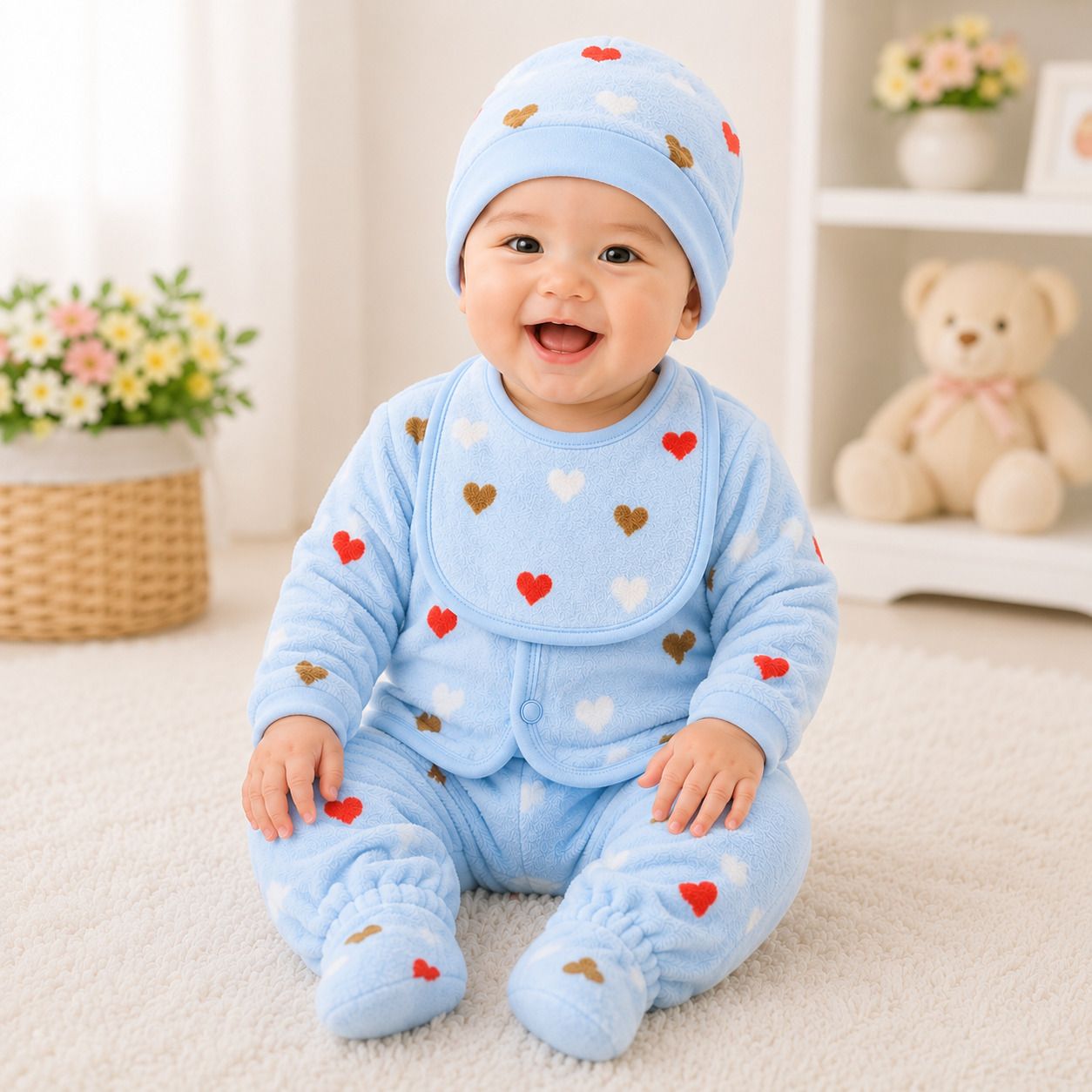 Newborn Baby Winter Wear 5 Piece Soft Velvet Dress Set-image-41