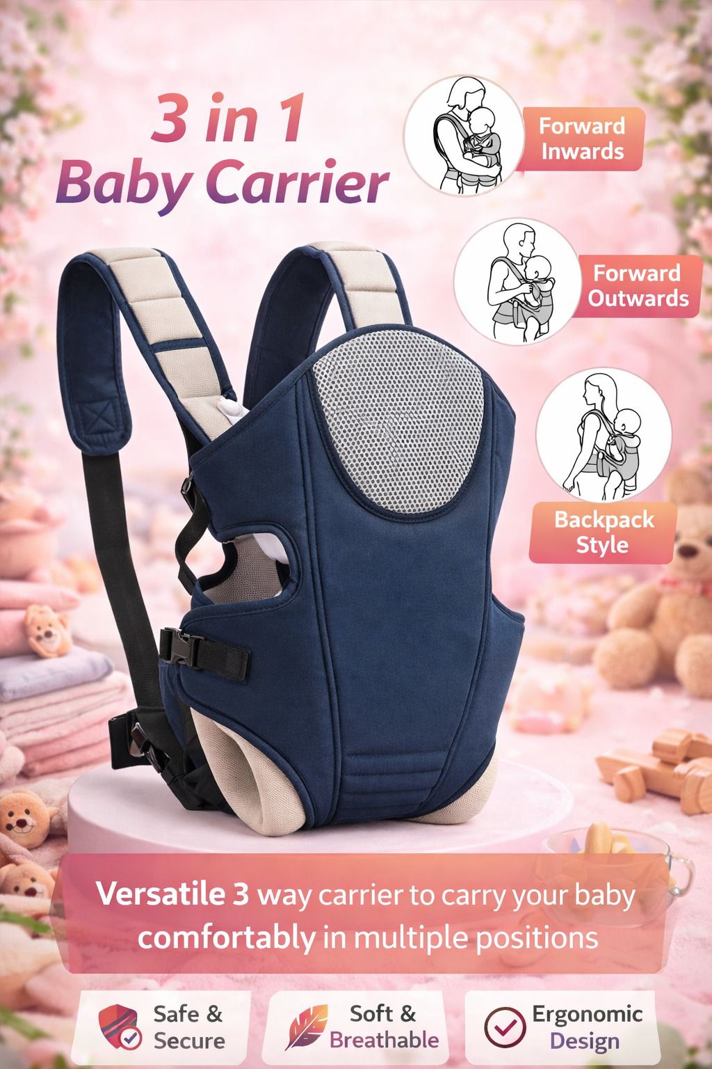 4 in 1 Baby Carrier for 0 to 3 Year Baby with Soft Cushion Hip Seat, Baby Carrier-image-34