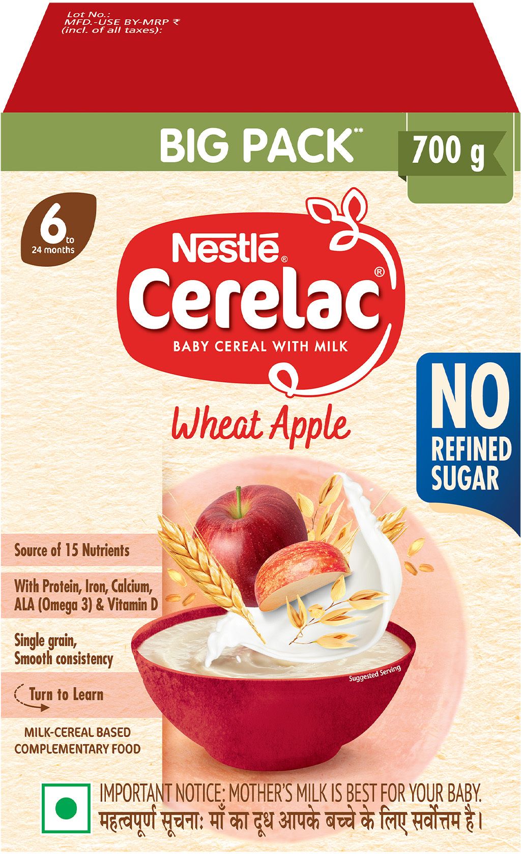 Wheat Apple Baby Food Cereal, No Refined Sugar, for 6-24 Months Baby, Big Pack Cereal