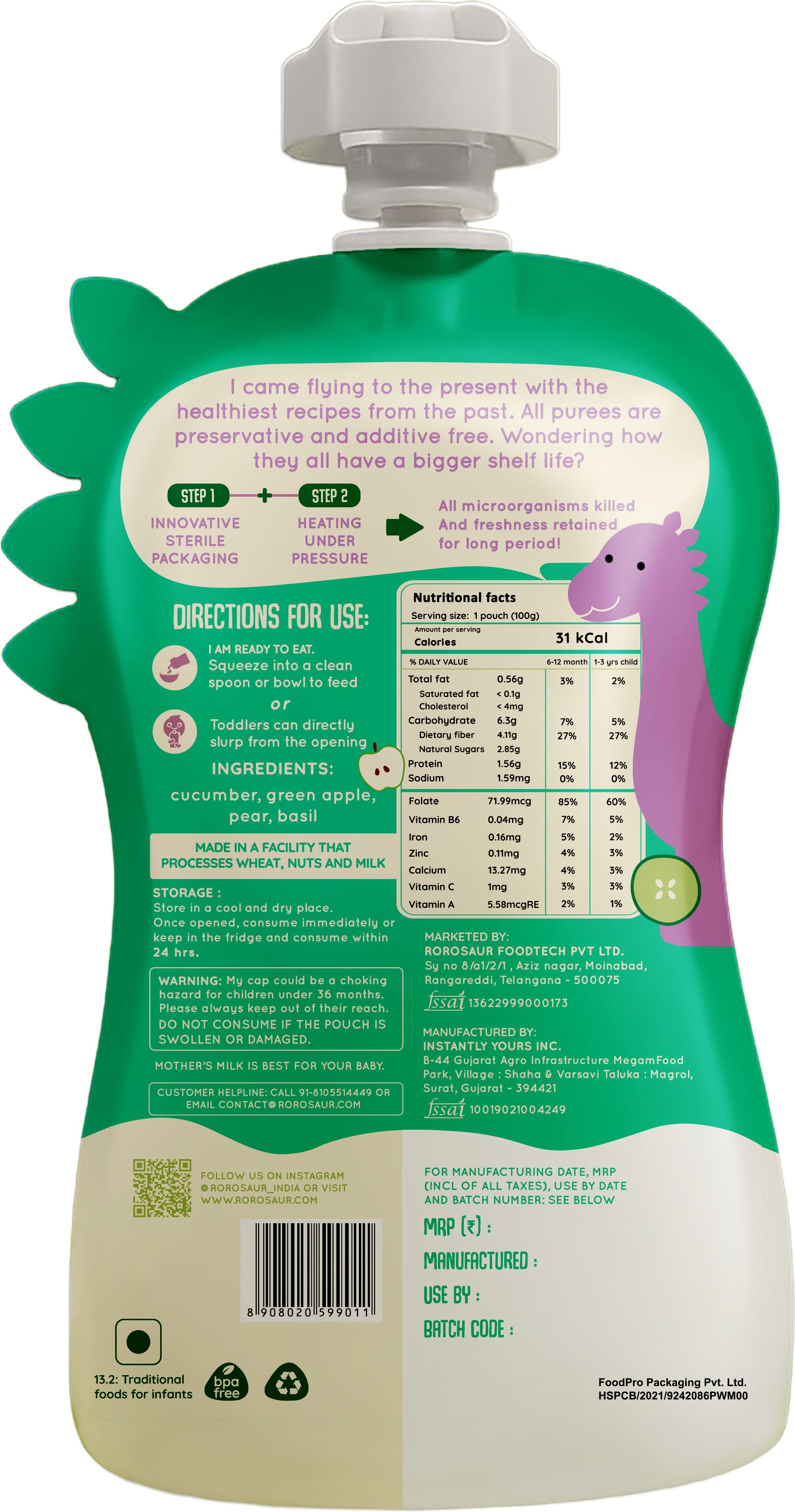 Ready to Eat Baby Food - Green Apples, Cucumber & Pear Puree for Little ones, Cereal-image-48