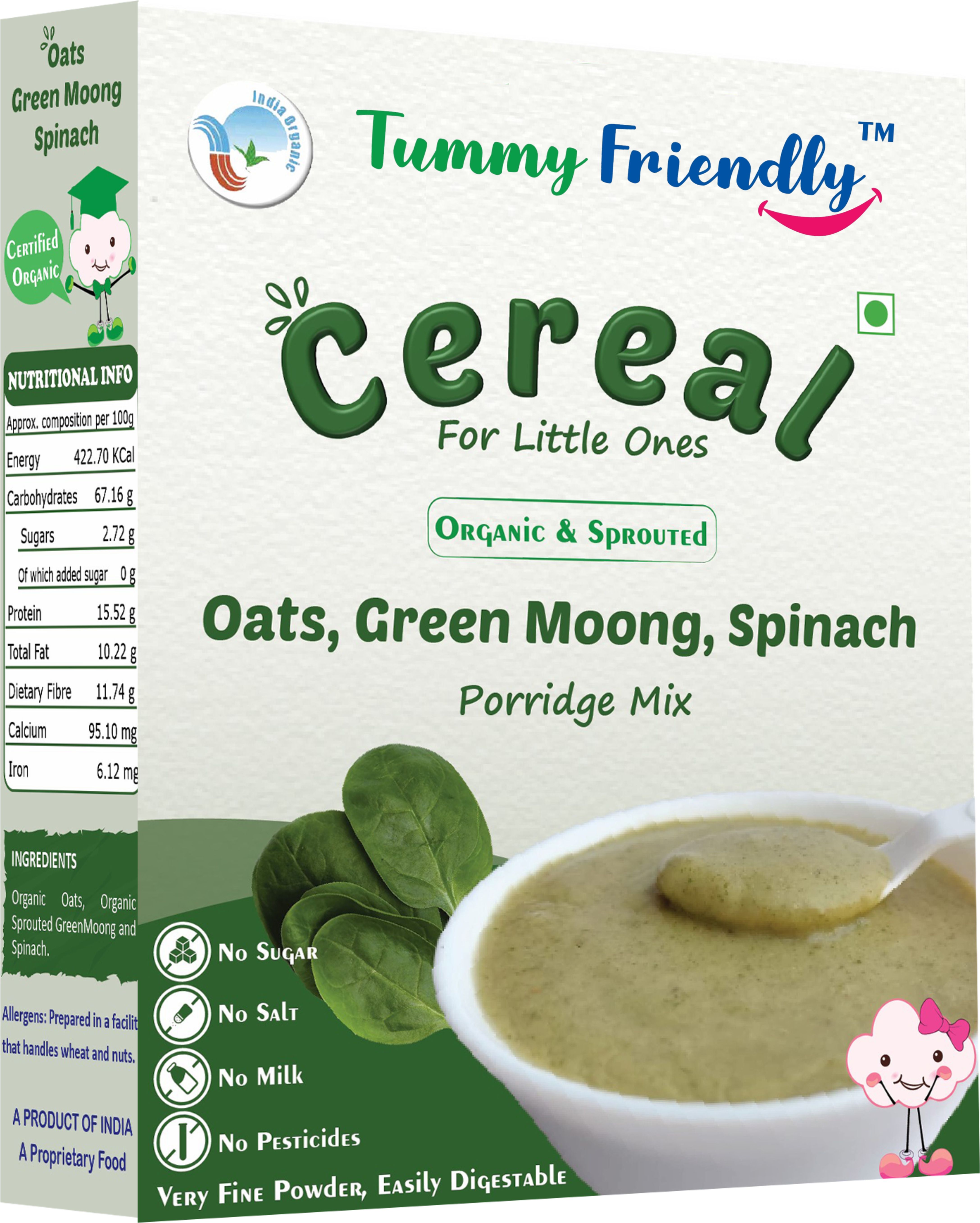 USDA Certified Organic Oats, Green Moong, Spinach Porridge Mix | Organic Baby Food for 8 Months Old | Made of Sprouted Whole Green Moong | Rich in Iron, Protein & Micro-Nutrients | 200g Cereal-image-3