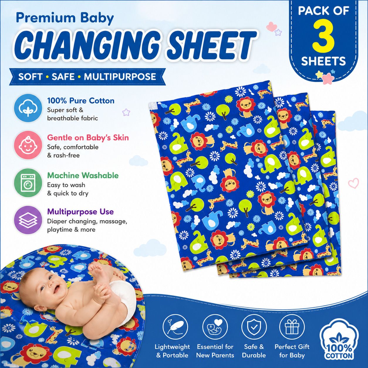 shoppizone Baby Cotton Changing Sheet Pack of 3 with Waterproof Mat Large Size Changing Station-picture-34