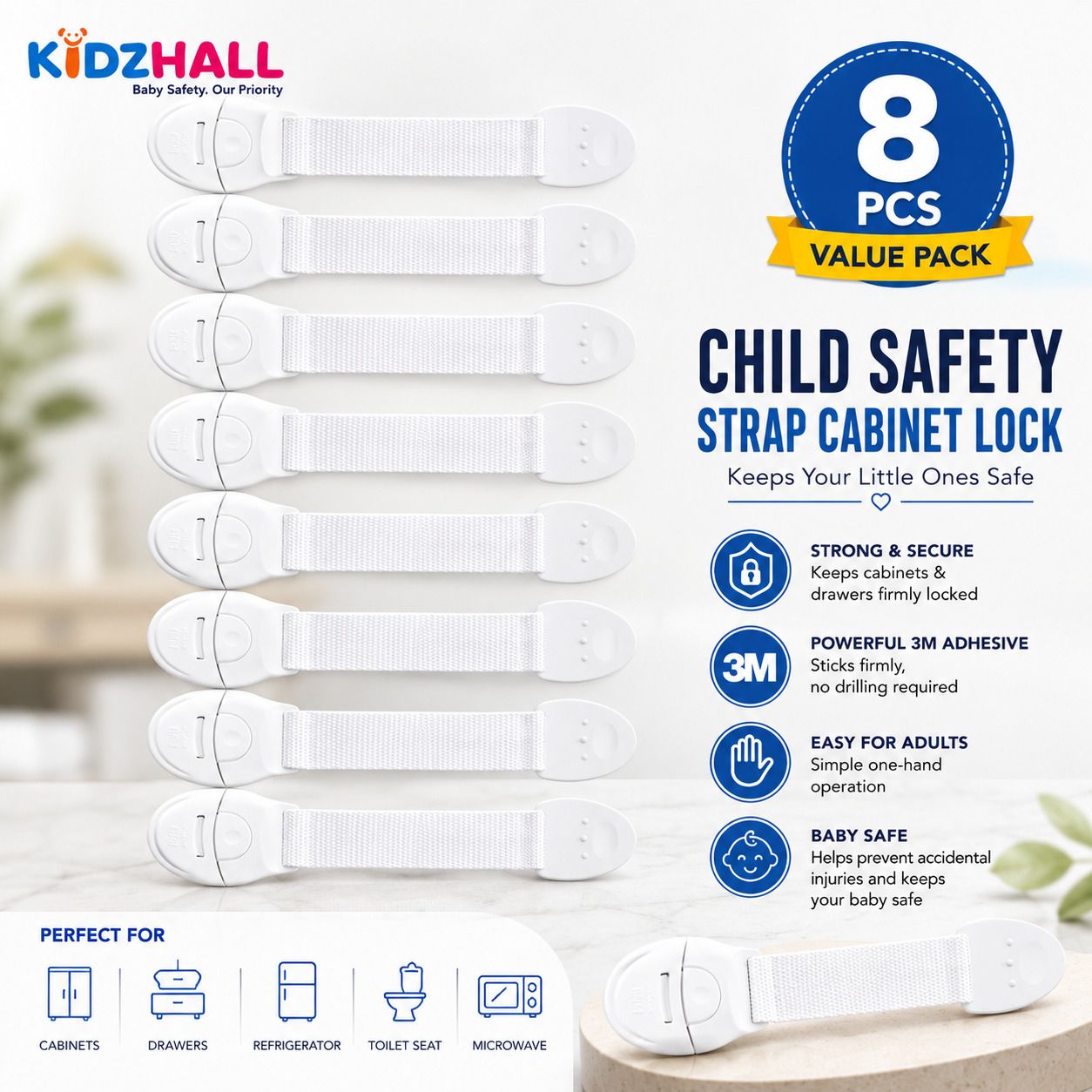 kidzhall (Pack of 8)Baby Safety Strap Lock for Cabinets ,Drawers, Fridge, Washing Machine-picture-31
