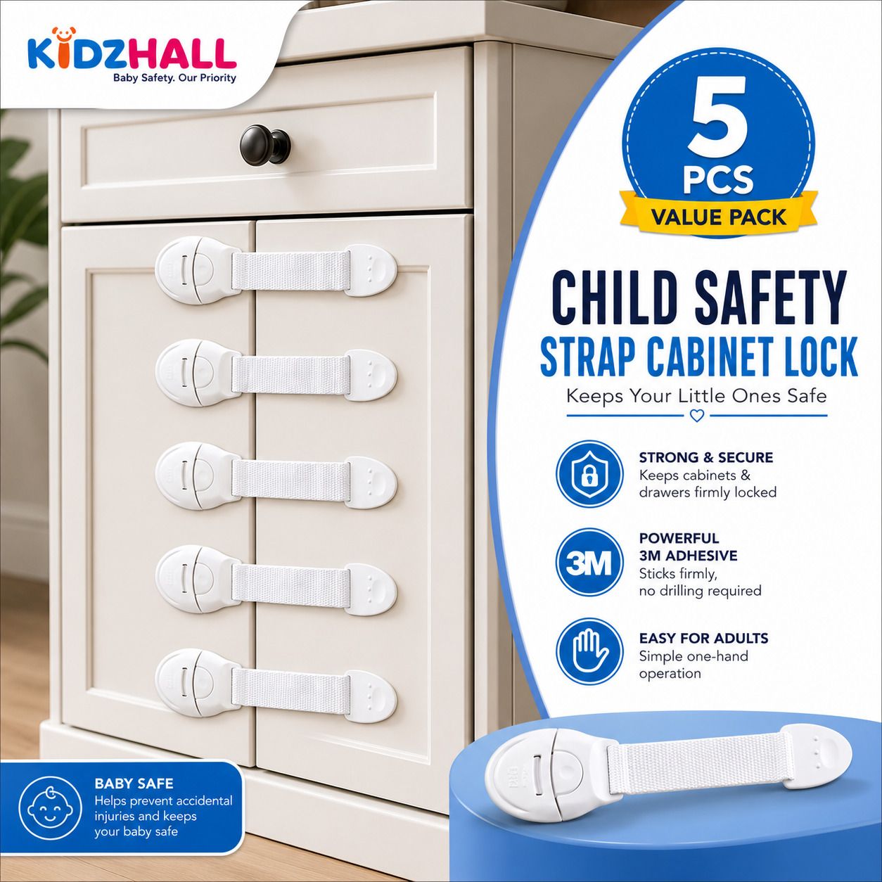 kidzhall (Pack of 5) Baby Safety Strap Cabinet Locks for Cabinets, Drawers, Fridge-picture-43
