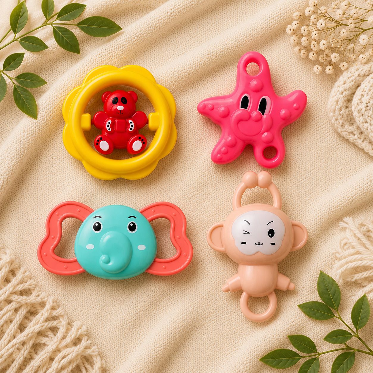 traort Tiny Treasures Rattle Set - Elephant ⬩ Monkey ⬩ Teddy Ring ⬩ Starfish (Pack - 4) Rattle-picture-14