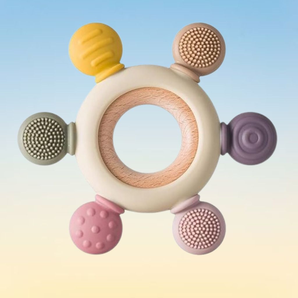 Baby Silicone Teether Toy with Wooden Center Grip Rattle-image-39