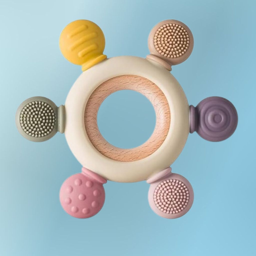 Soft Silicone Teething Ring Toy for Babies with Easy Hold Wooden Center Rattle-image-11
