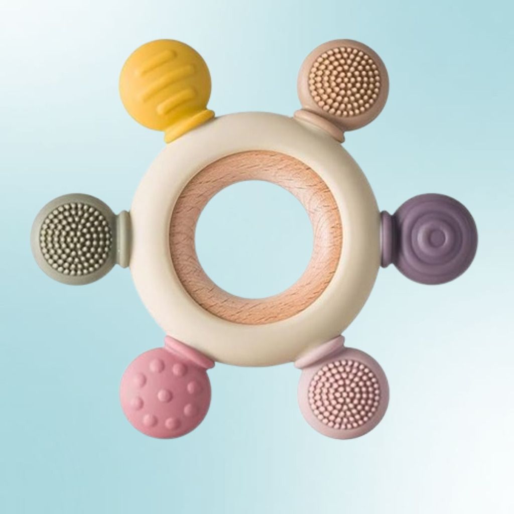 msda Multi Texture Baby Chew Ring Toy with Wooden Center Grip Rattle-picture-49