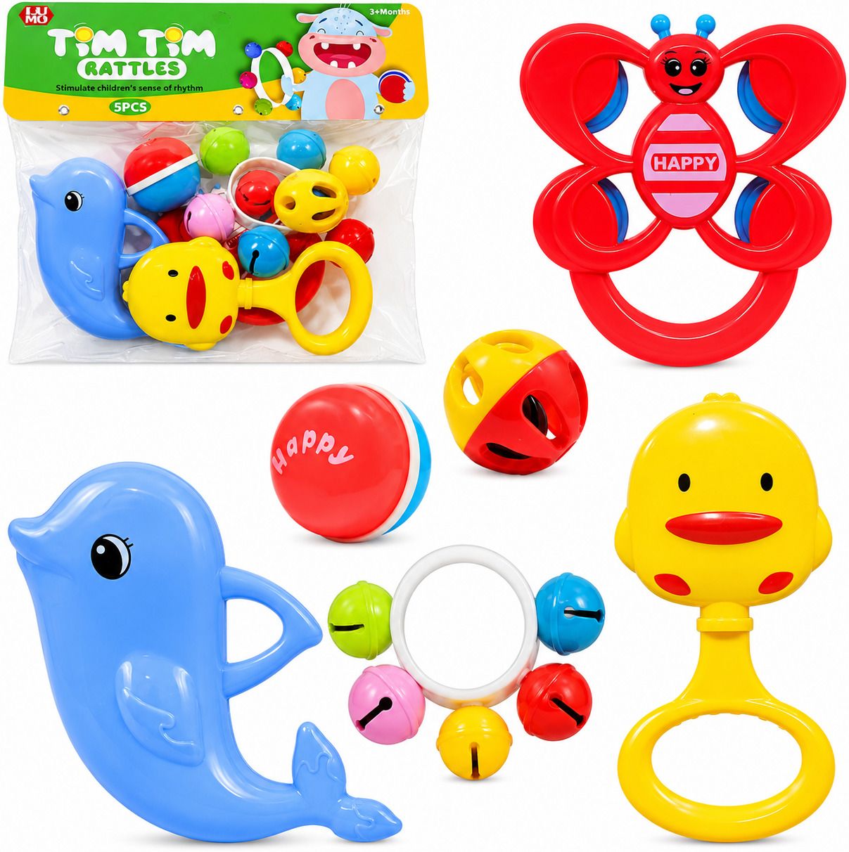 toytopio Baby Rattle Toy Set 5 PCS | Dolphin Butterfly Duck Jhunjhuna Baby Toys Rattle-picture-2