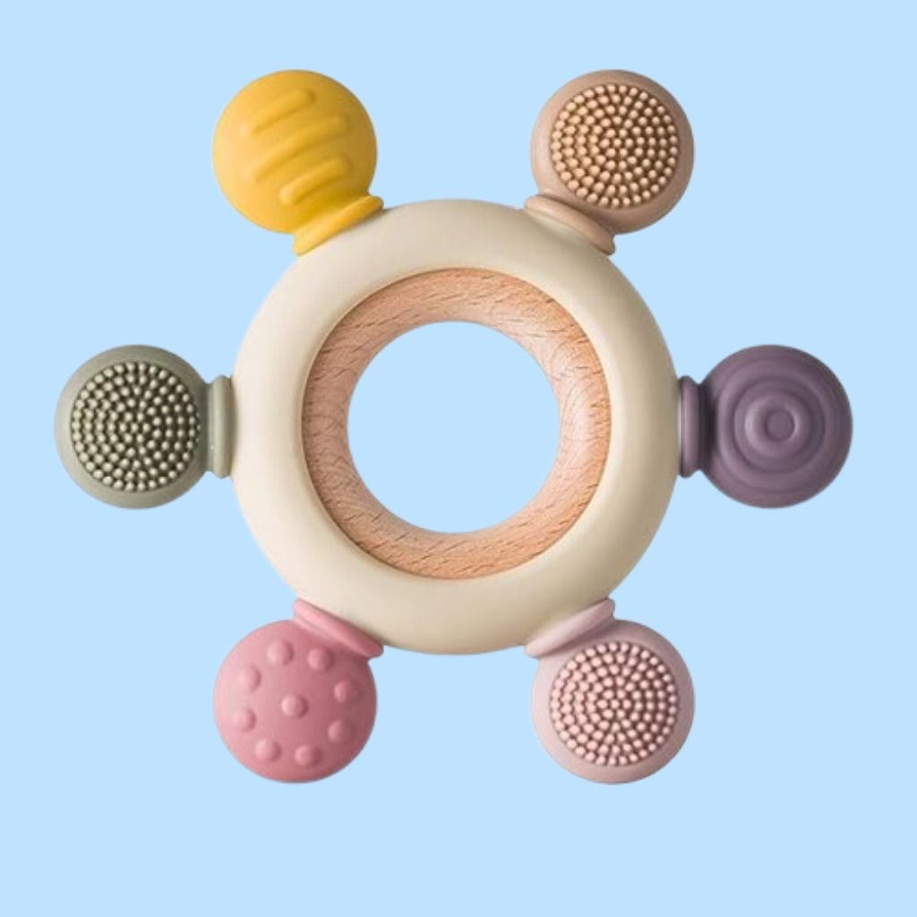 Baby Oral Care Teether Ring with Multi Texture Silicone Chewing Pads Rattle-image-40
