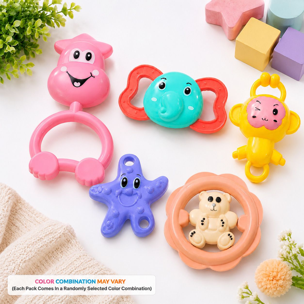 Animal Kingdom Rattle Set - Teddy Ring⬩Elephant⬩Monkey⬩Frog⬩Starfish (Pack Of 5) Rattle-image-4