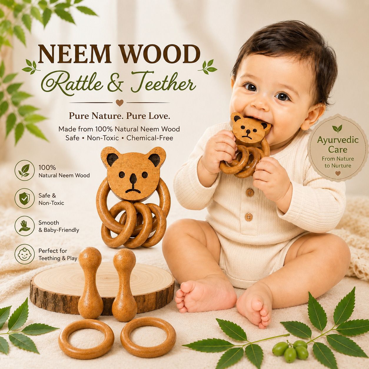 aditya creation Neem Wood Rattle Set set of 5 for baby Rattle-picture-3