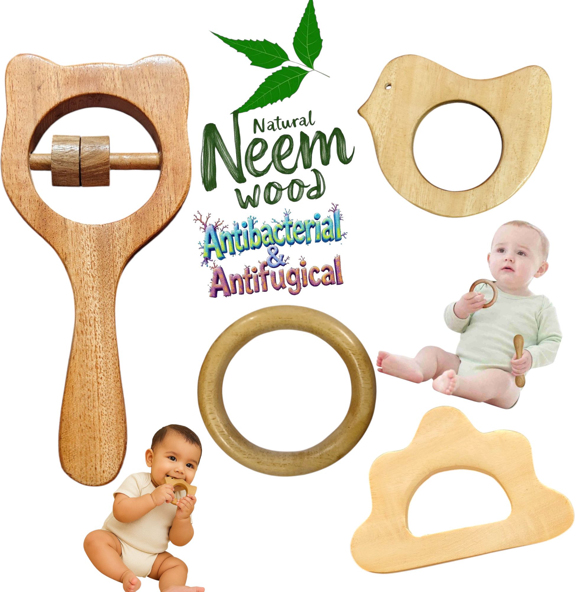 Neem Wood Baby Rattle with Bird, Ring, Cloud & Mickey Shape | Eco-Friendly Rattle-image-3