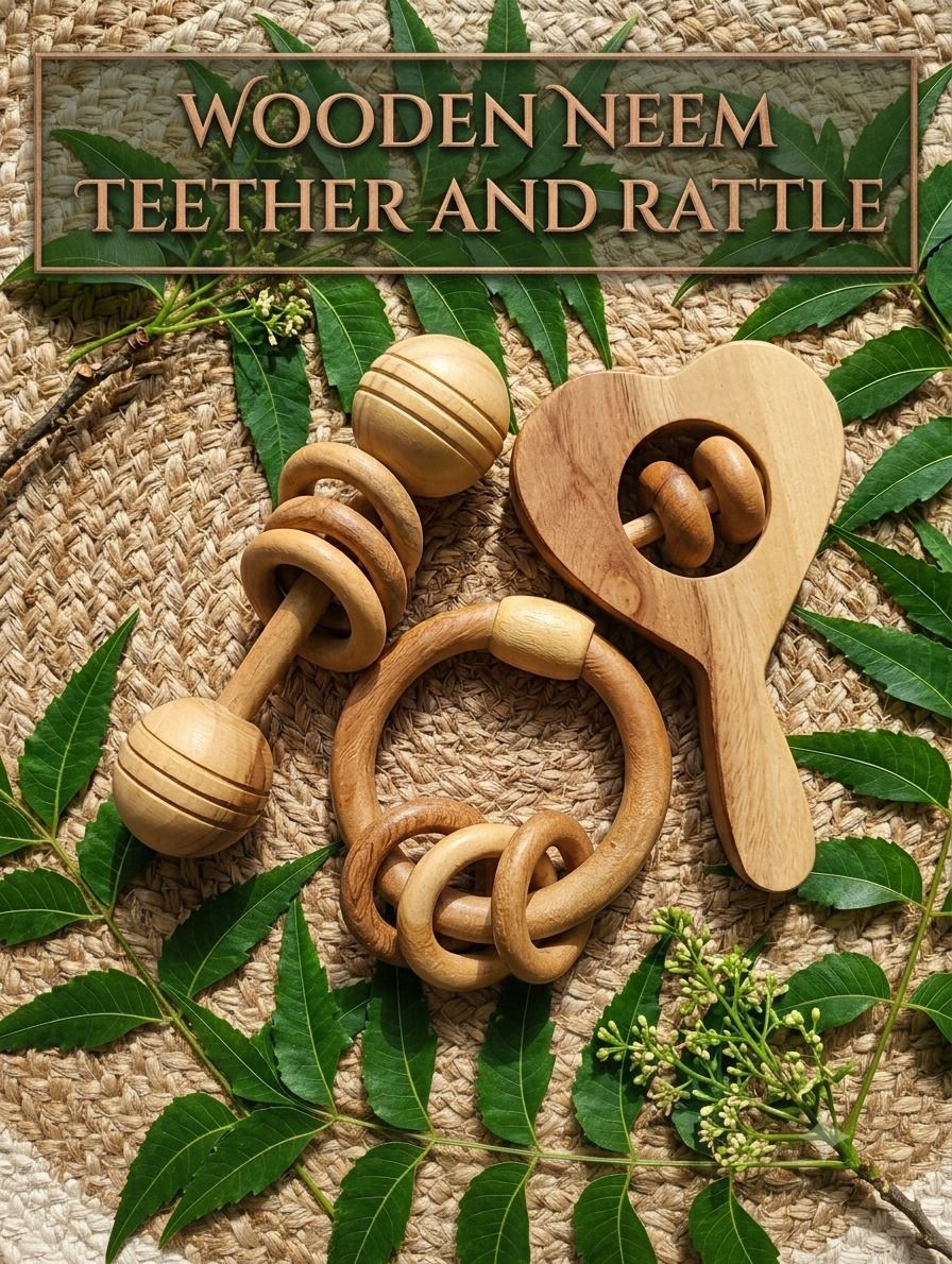 rana creation mart Pure neem wood teether rattles heart dumble ring rattle Rattle-picture-25