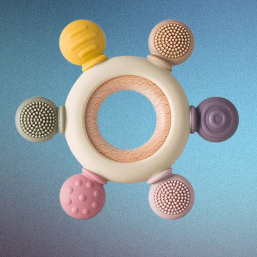 msda Infant Teether Ring with Wooden Center and Multi Texture Silicone Ends Rattle-picture-10