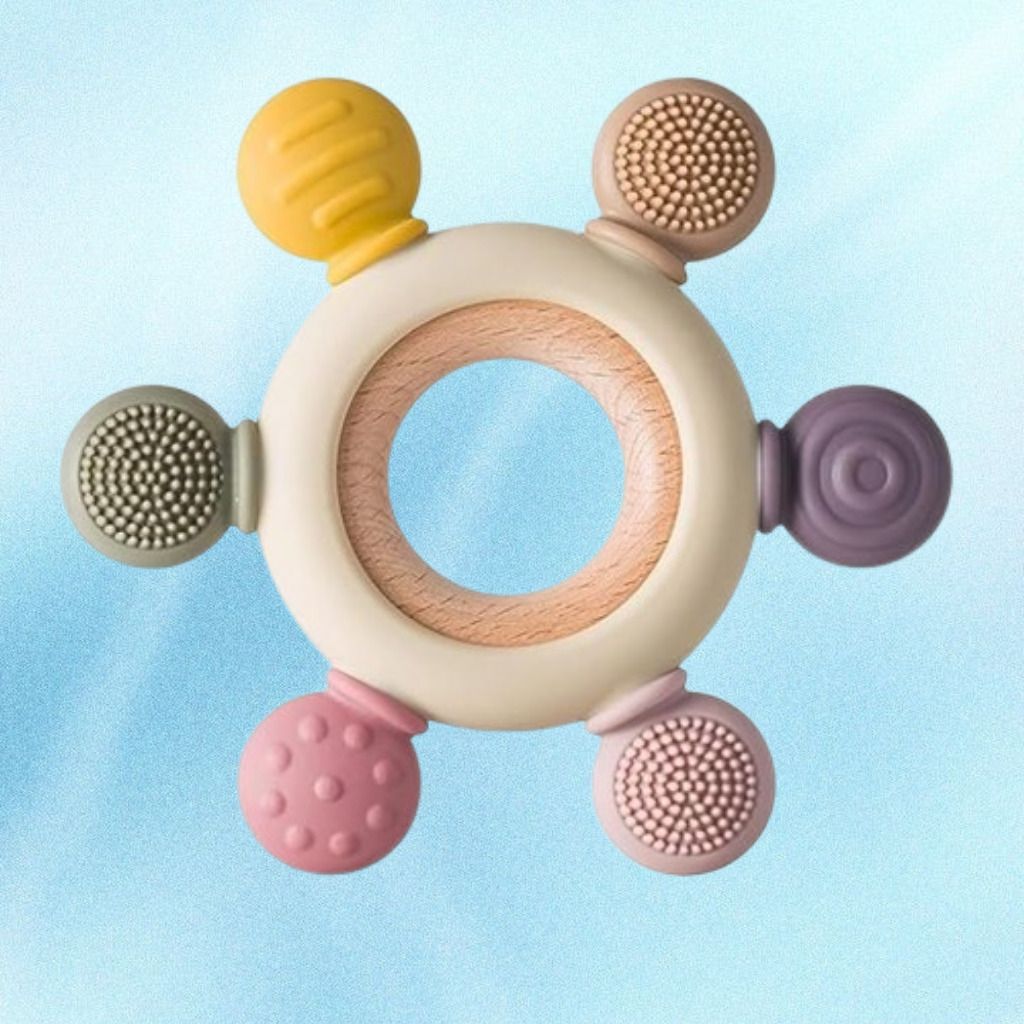 shlegab Multi Texture Silicone Baby Chew Ring with Wooden Grip Handle Rattle-picture-47