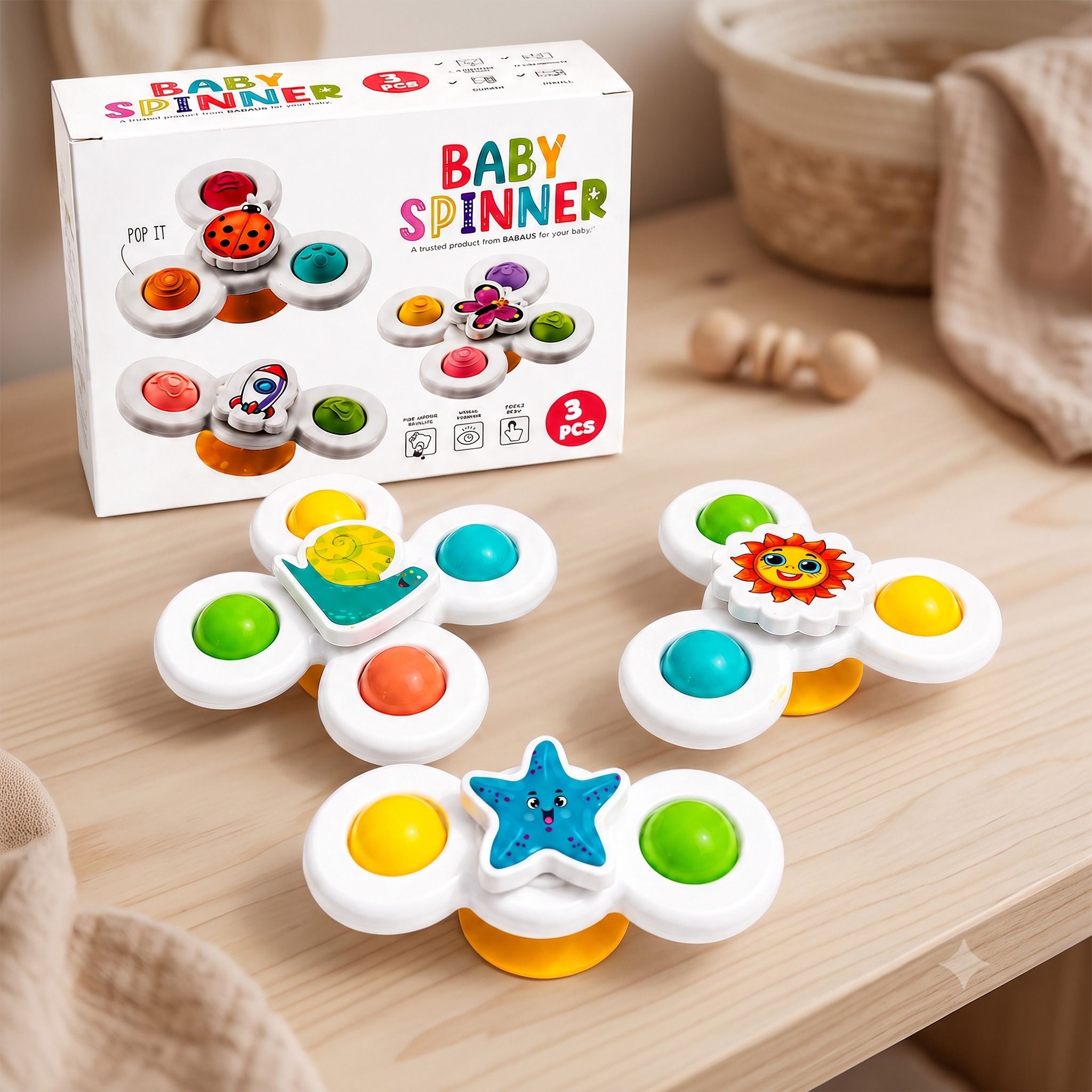 3 Pcs Spinner Toy Set for Babies | Cute Cartoon Suction Cup Fidget Spinner Rattle-image-21