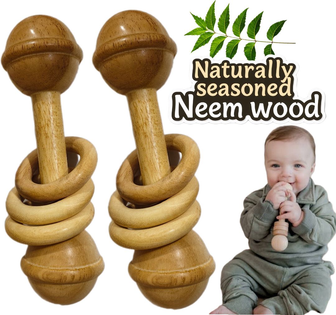 Neem Wood Rattle Pack of 2 – Natural & Safe Teething Toys for Babies Rattle-image-24