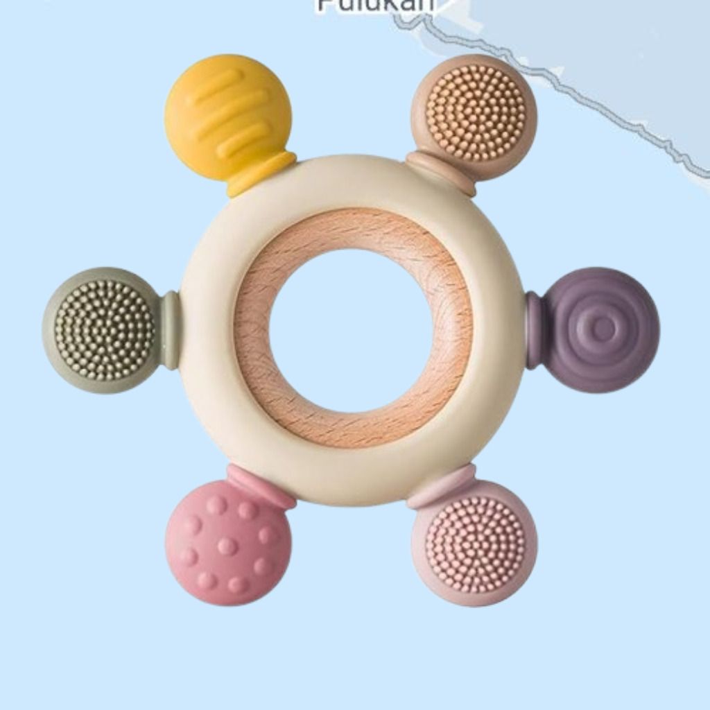 Baby Sensory Chew Ring with Wooden Grip and Soft Silicone Pads Rattle-image-17