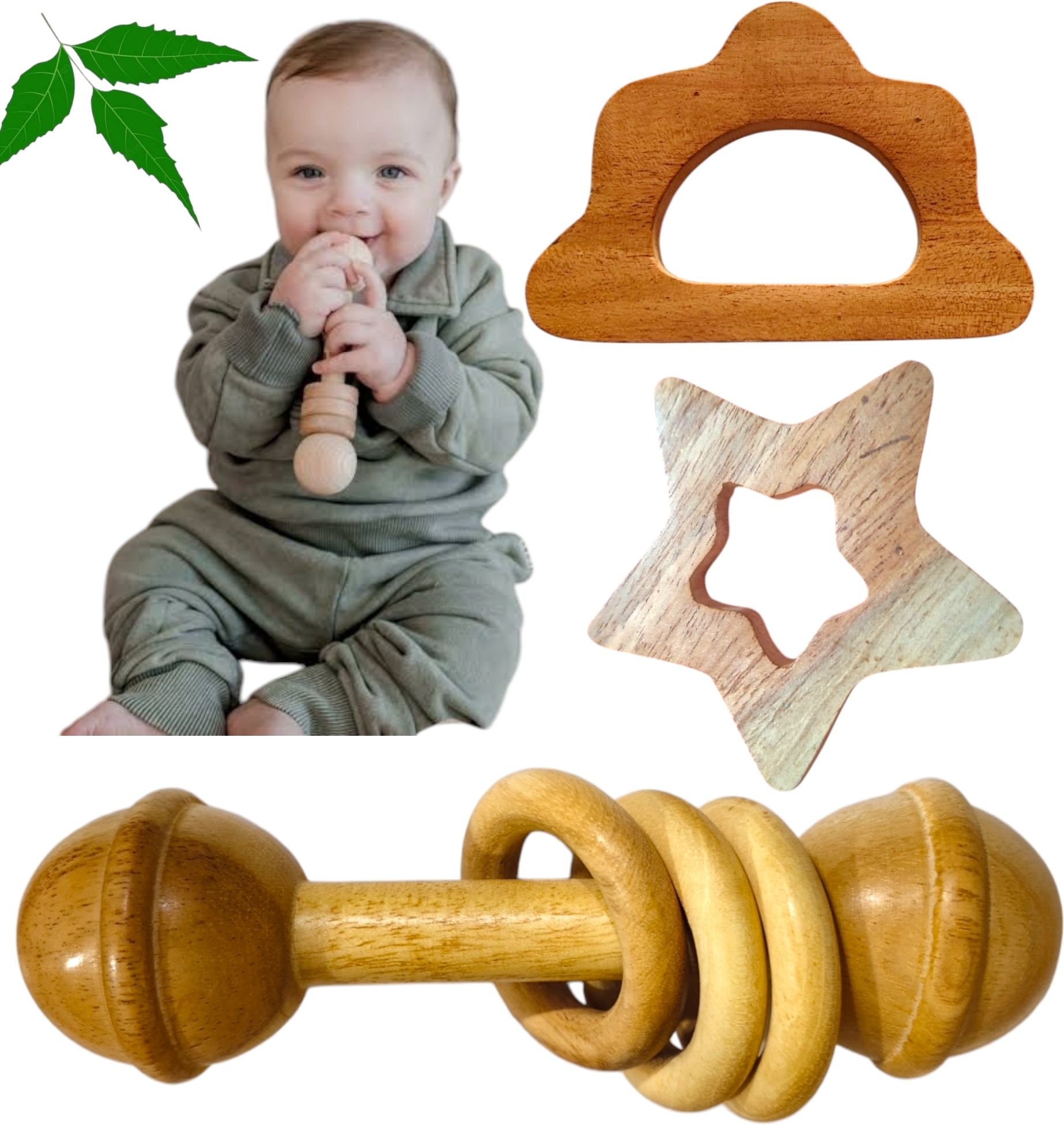 Natural Neem Made Rattles Set with Star and Cloud Shape Teether Rattle-image-23