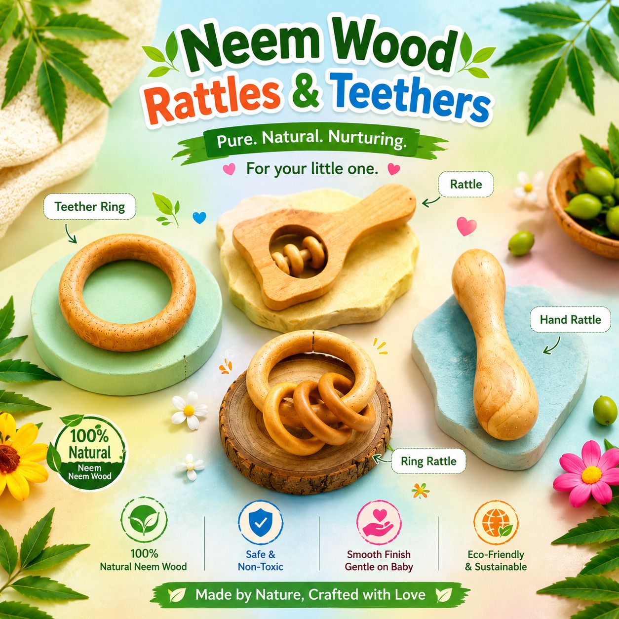 aditya creation Neem Wooden Teether Rattle 100 % Natural Set of 4 Rattle-picture-4