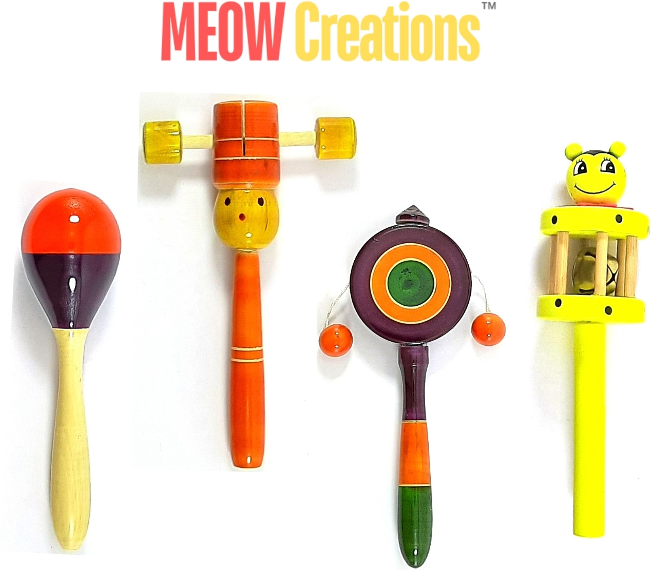 meow creations Wooden Egg Shaker, Head, Plate, and Single Bell (Set of 4) Rattle image 1