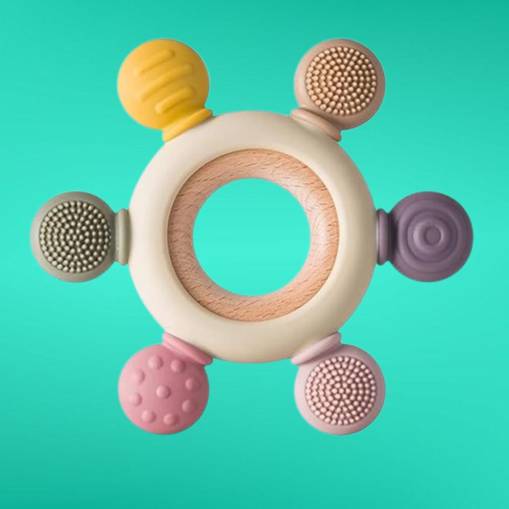 Baby Sensory Teething Toy Ring with Easy Hold Wooden Grip Rattle-image-23