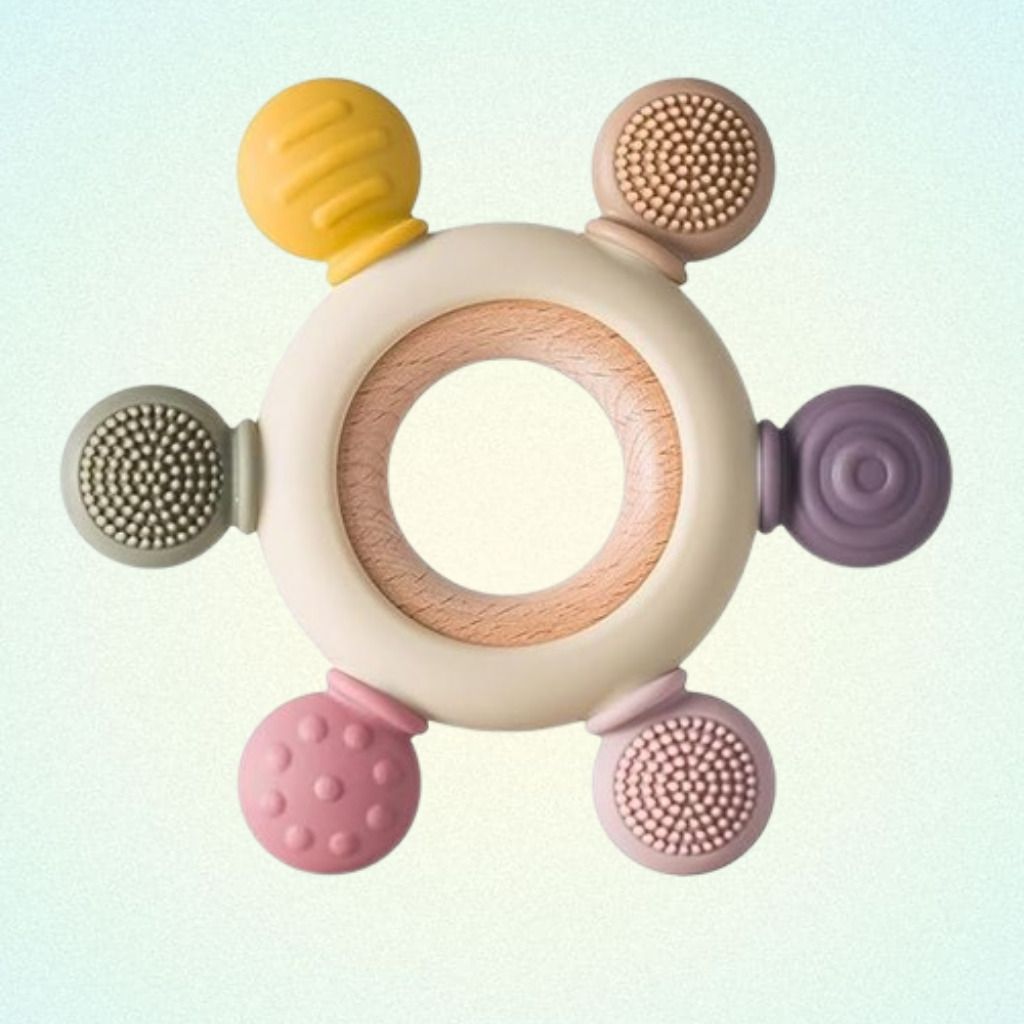 msda Sensory Baby Teether Toy with Wooden Ring and Textured Silicone Chew Pads Rattle-picture-20