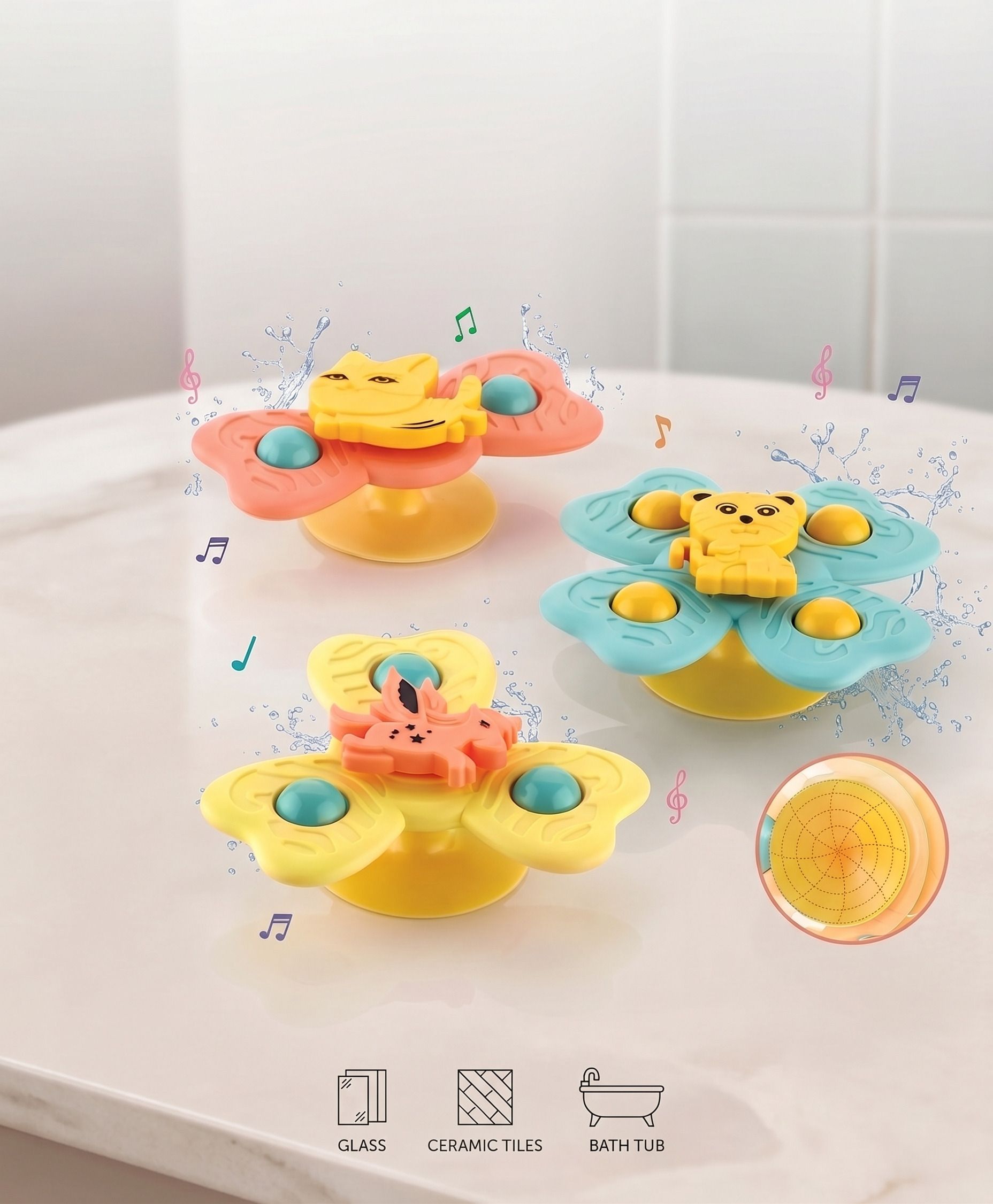 Strong Suction Cup Fidget Rotating Sensory Bath Toys for Baby - 3 Pcs Animal Set Rattle-image-32