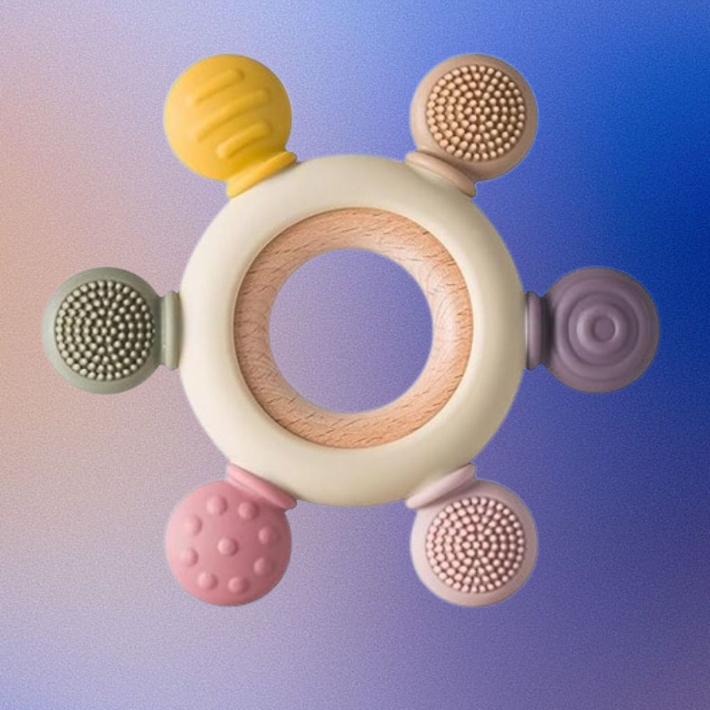 Baby Teether Ring Toy with Soft Bumpy Silicone and Natural Wood Center Rattle-image-13