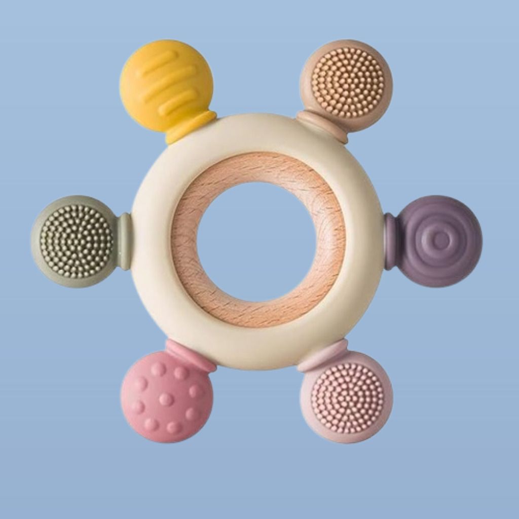 msda Baby Chew Ring Toy with Wooden Handle and Soft Silicone Ends Rattle-picture-36