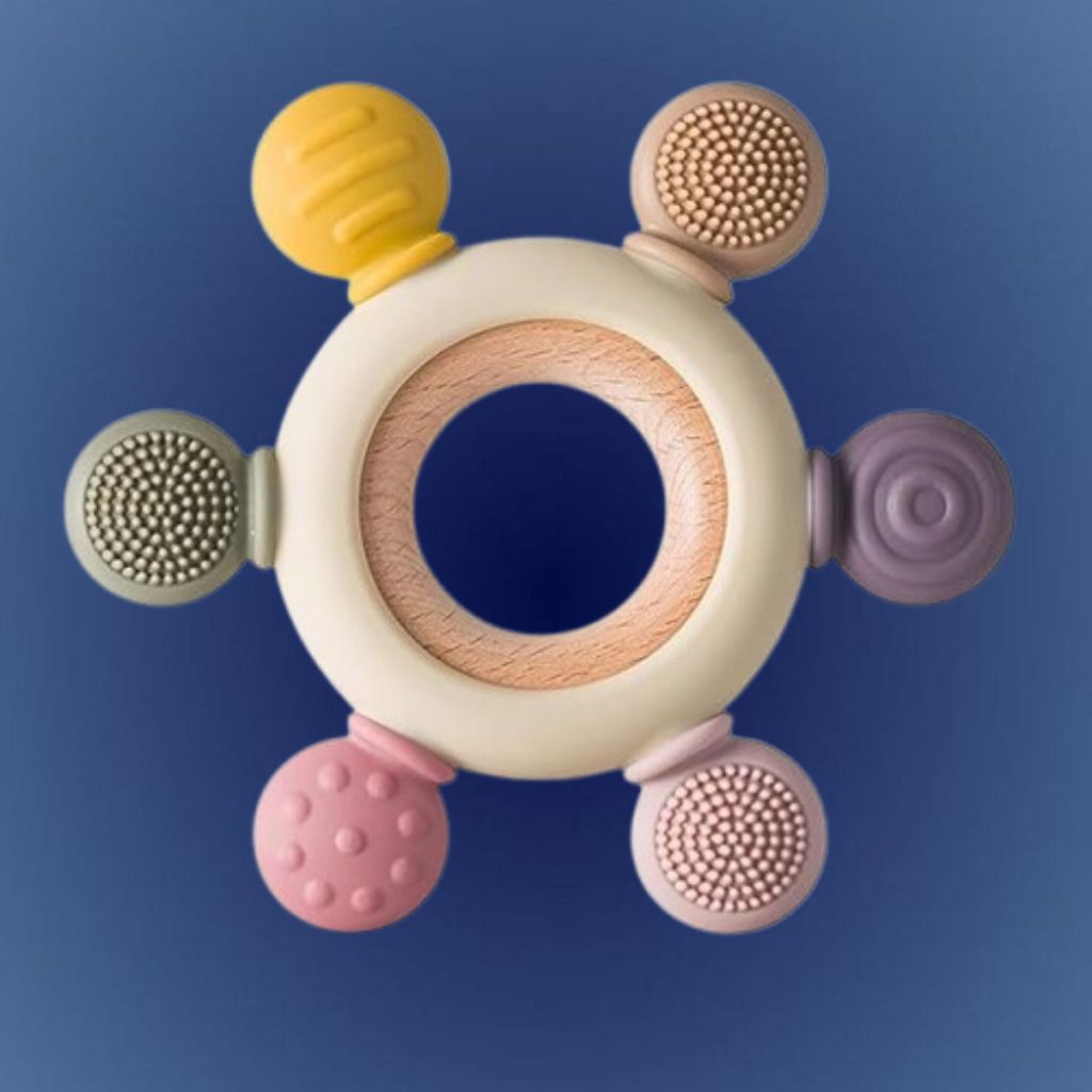 Multi Shape Silicone Baby Teether Ring with Anti Slip Wooden Grip Rattle-image-48