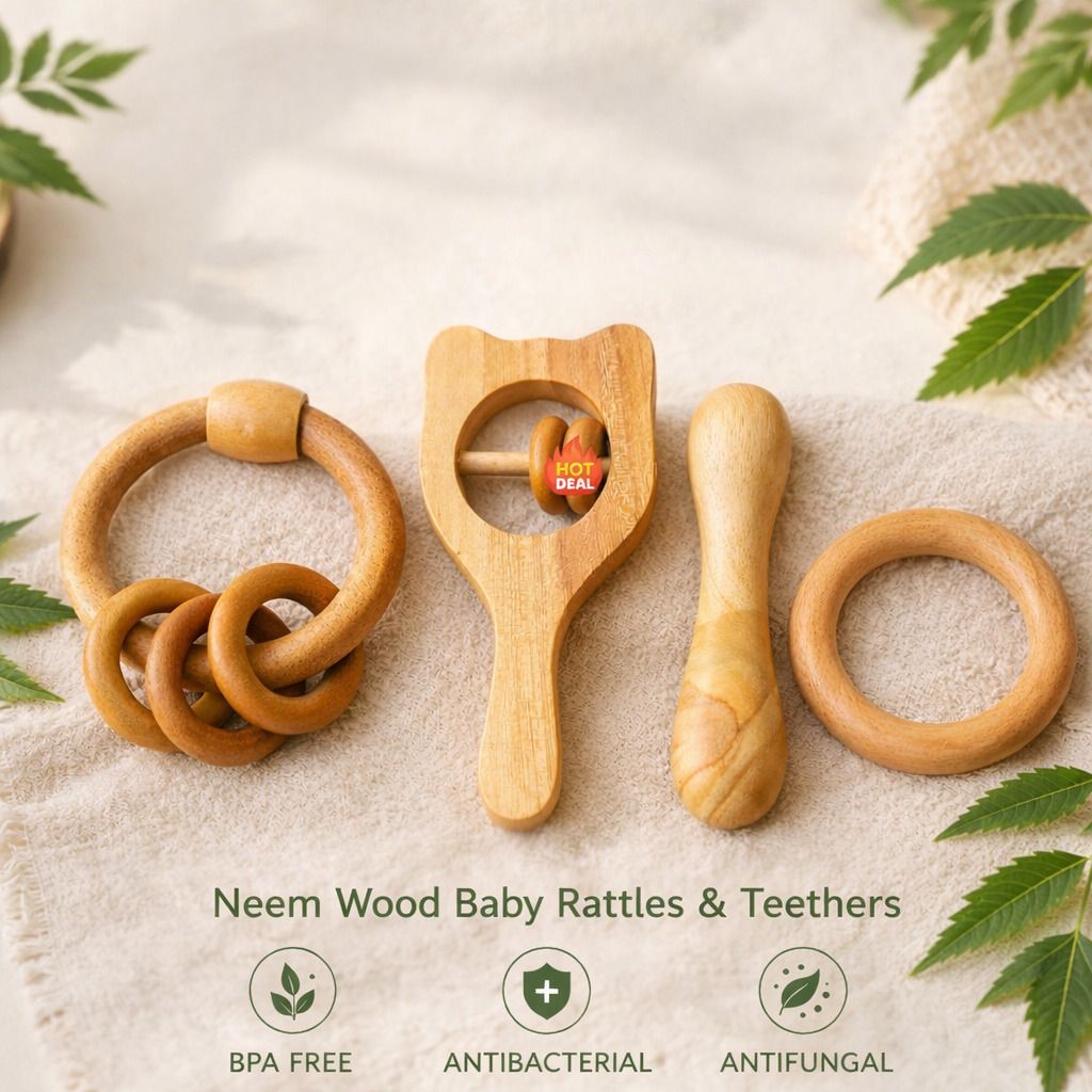 shreeja shilpcraft Neem Wood Baby Teether & Rattle Combo set of 4 Rattle-picture-23