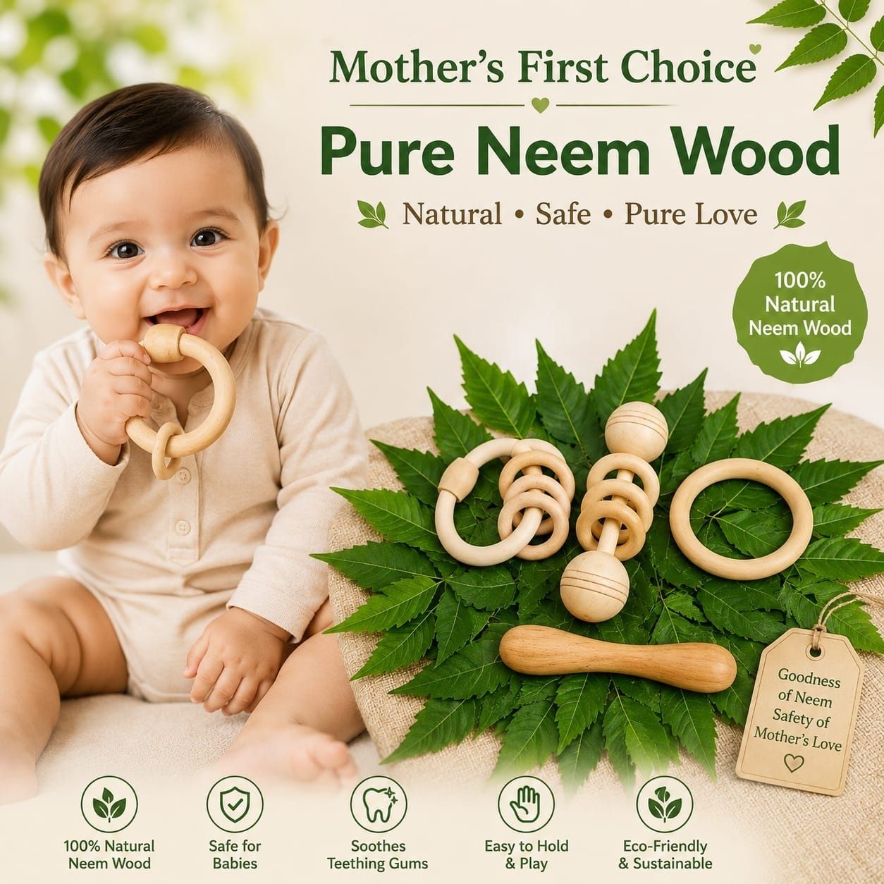 aditya creation Neem Wood Teether Rattle-picture-5