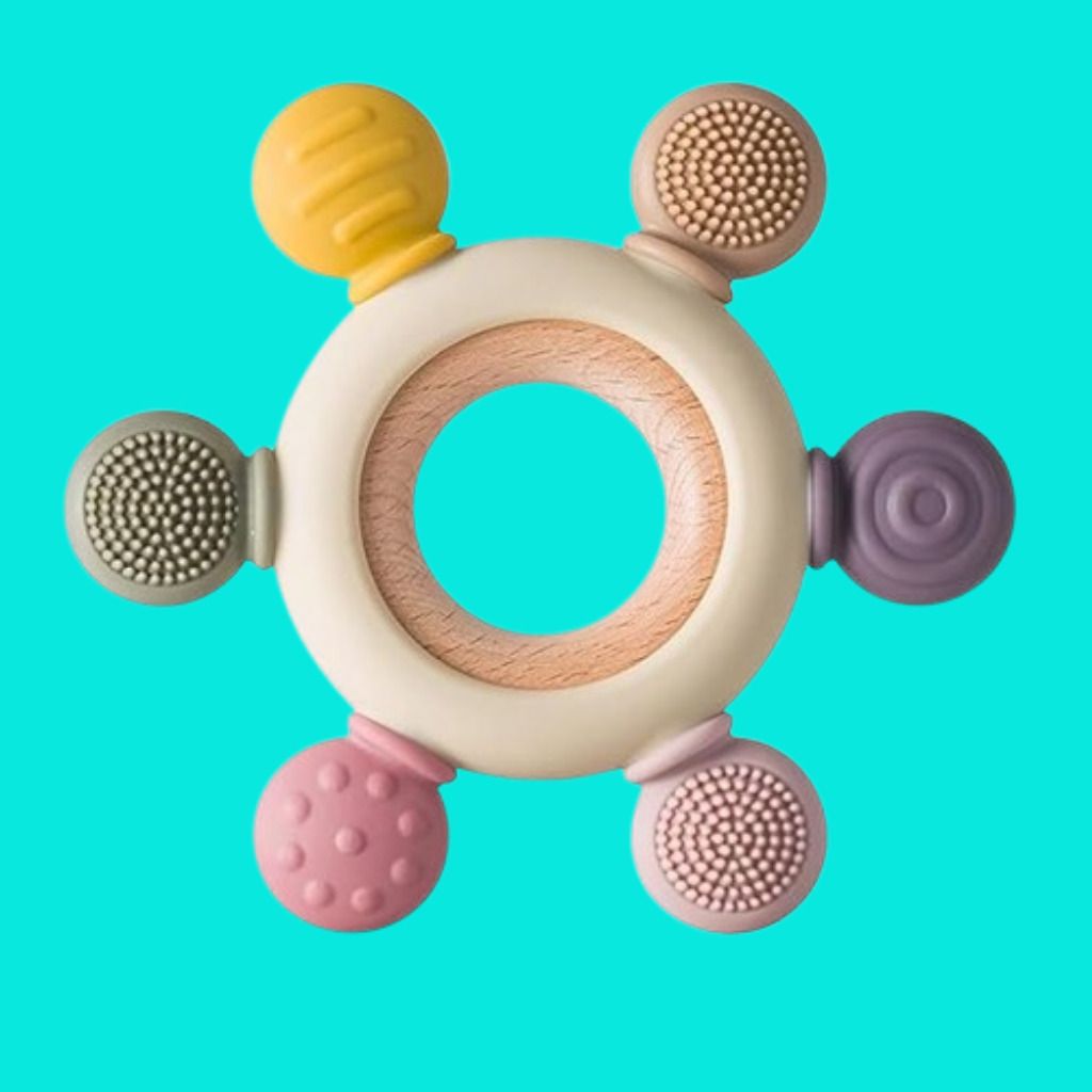 msda Soft Silicone Baby Teether Ring with Multi Texture Chewing Pads Rattle-picture-40