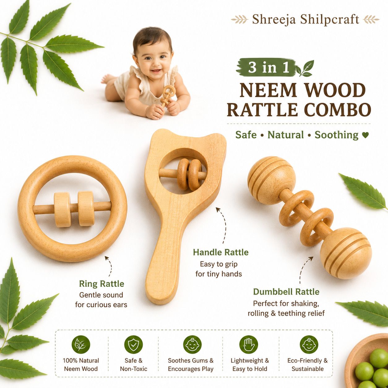 shreeja shilpcraft Neem Wood Baby Rattle Combo (Set of 3) | Natural, Non-Toxic, Handcrafted Rattle-picture-14