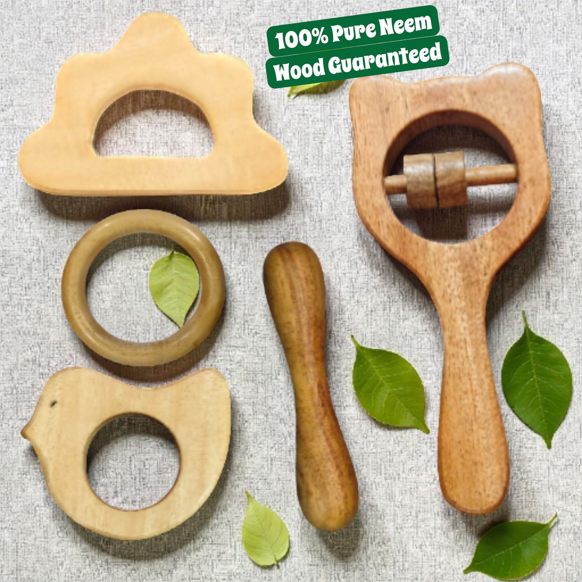 Handcrafted Neem Wood Teething Rattle Set for Babies | Antibacterial Toy Rattle-image-28