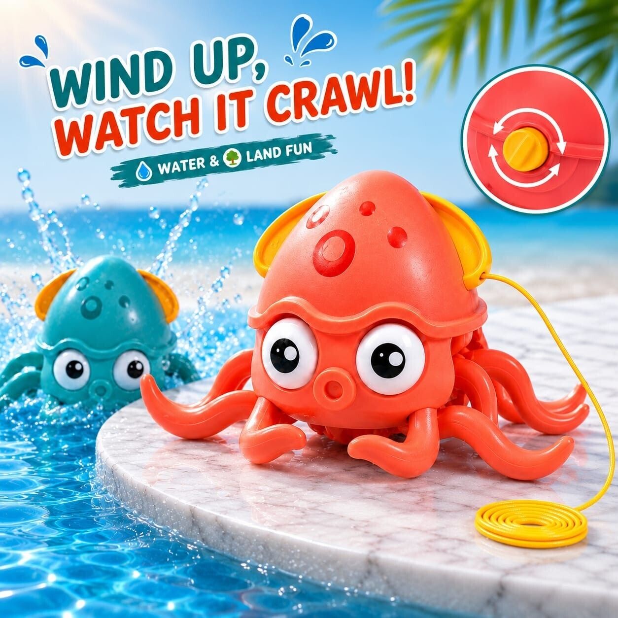 zunbella Wind-Up Key Operated Cute Octopus Bath Toy With Water and Land Play for Kids Rattle-picture-1