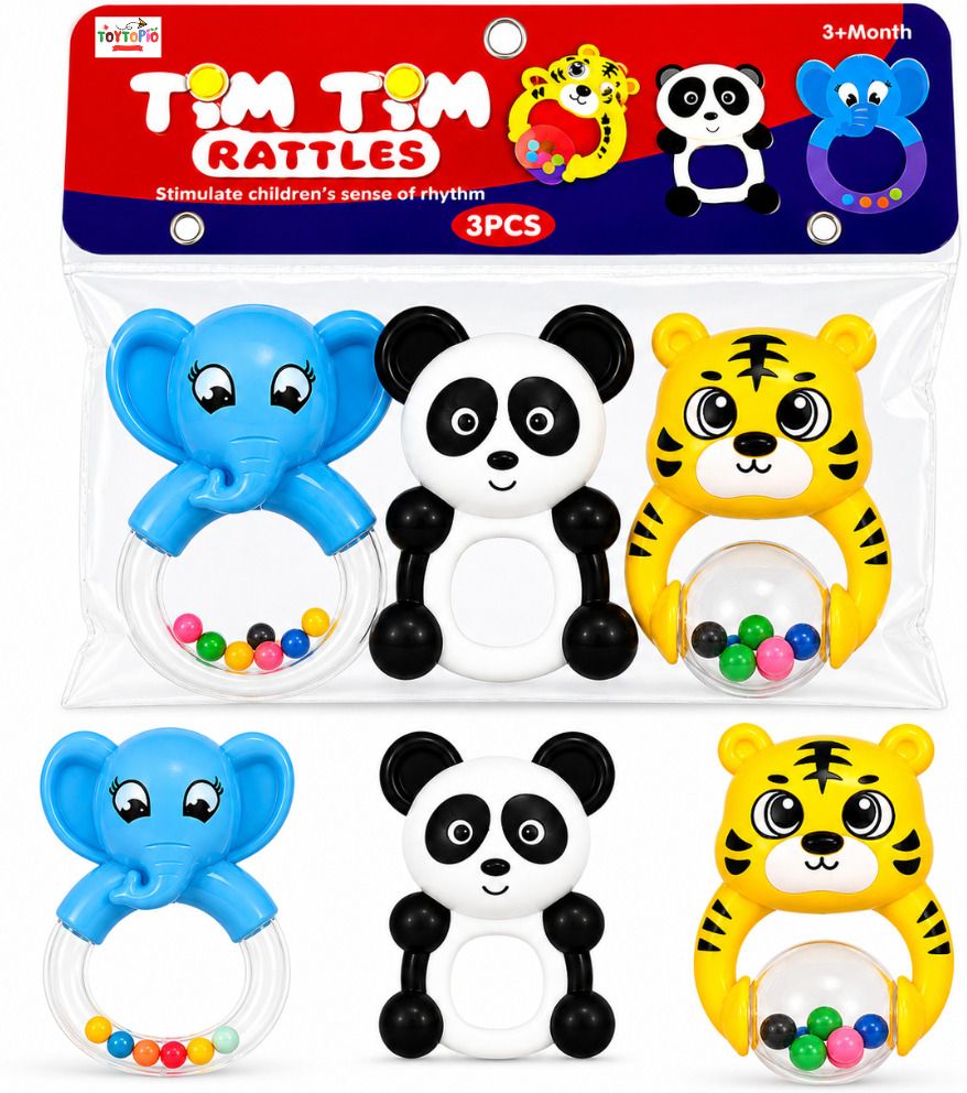toytopio Baby Rattles & Teether Set | Elephant Panda Tiger Jhunjhuna Sound Toys Kids Rattle-picture-3