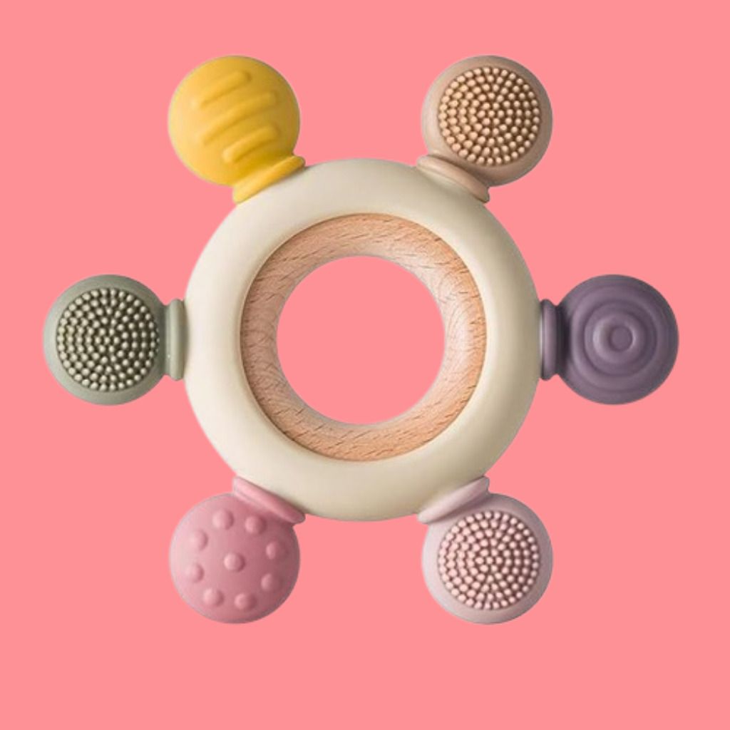 Baby Teething Ring with Easy Hold Wooden Grip and Silicone Pads Rattle-image-0