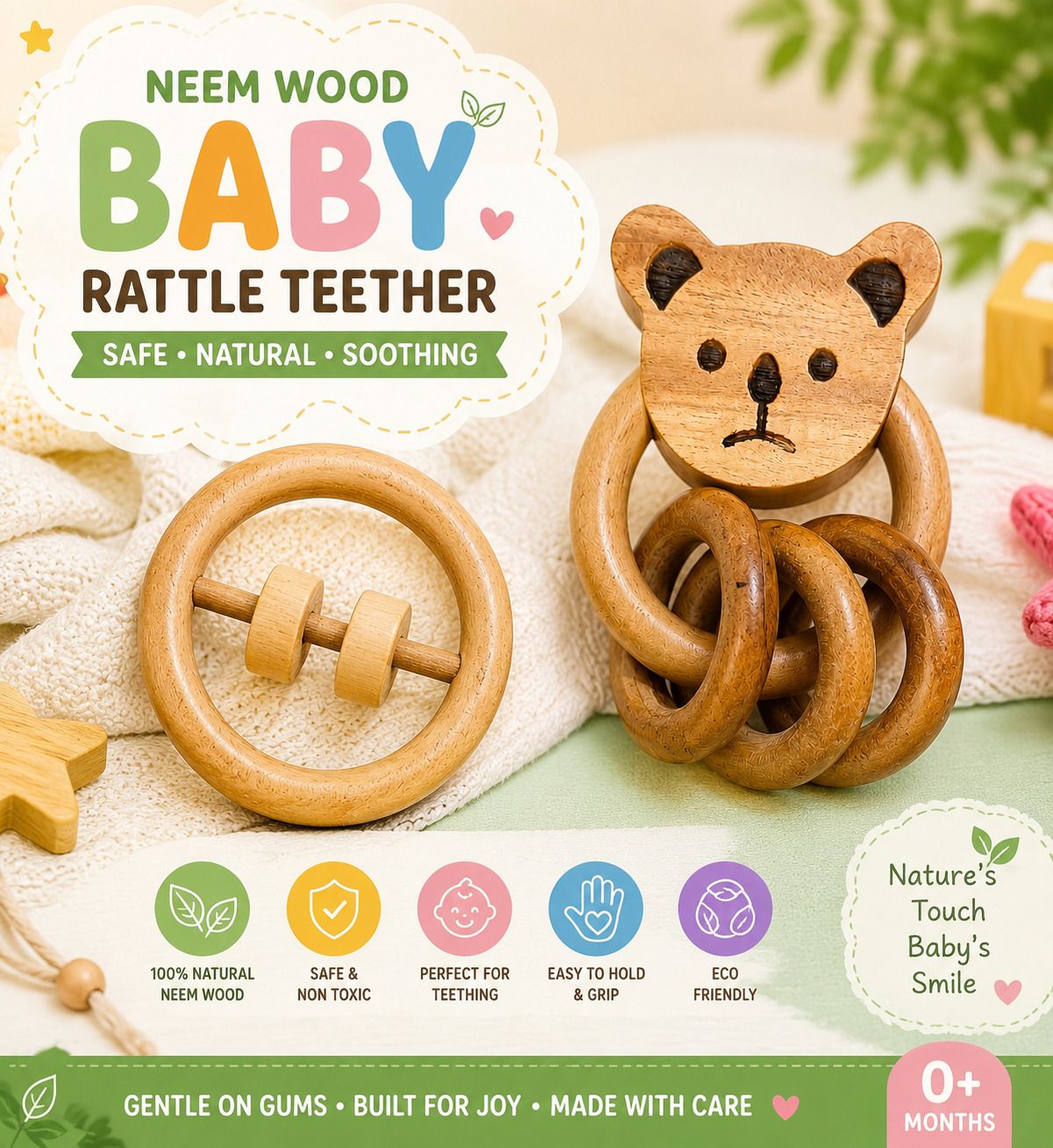 aditya creation Neem Wood Teddy Rattle and Ring Rattle Set for Baby Antibacterial and Antifungal Rattle-picture-38