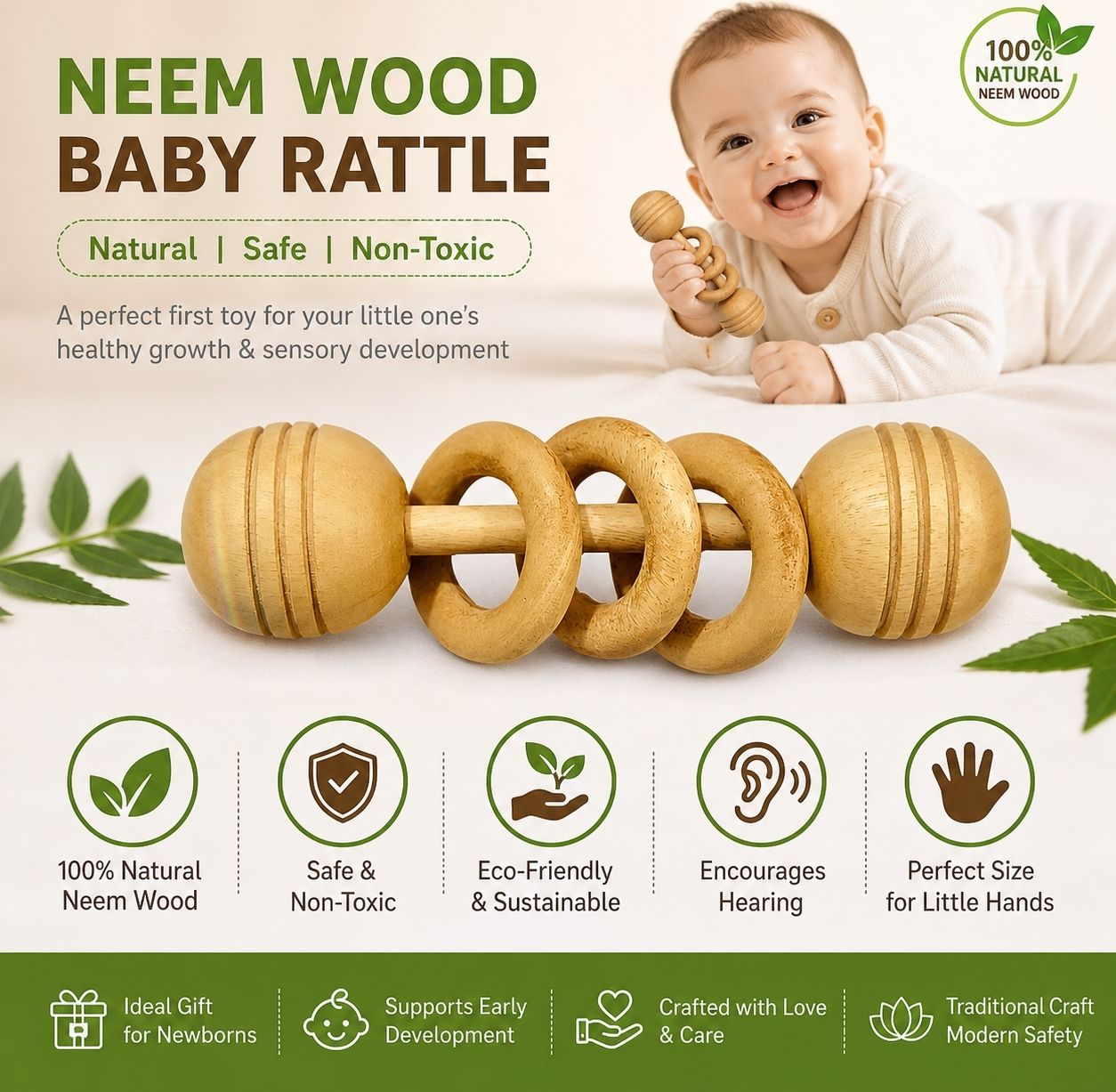 Natural & Non-Toxic Teether Rattle for Infants | Handmade, Antibacterial Rattle-image-16