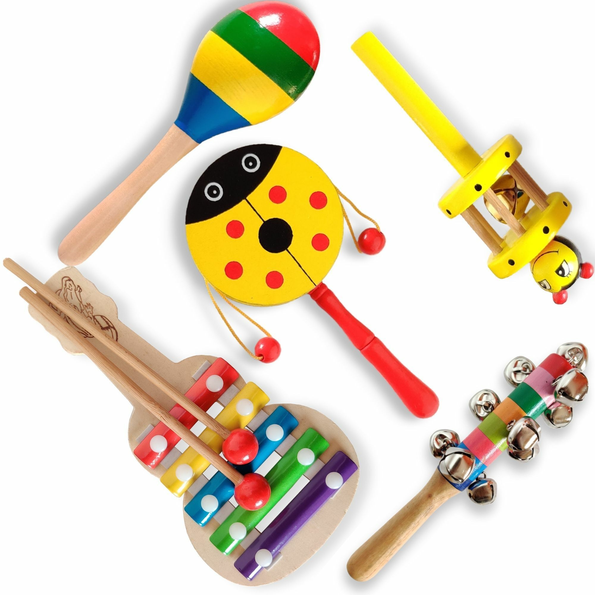 Wooden Non Toxic Colourful Rattle Toys for New Born Baby, Musical Infant Toy, Teether for Babies, Toddler, Child (Pack of 6, Multicolor) Rattle-image-39