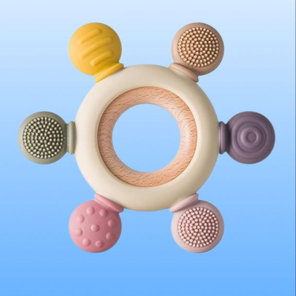 shlegab Baby Teething Toy Ring with Wooden Grip and Gentle Silicone Bumps Rattle-picture-48