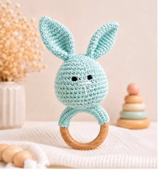 creative n colourful Handmade Crochet Bunny Wooden Ring Baby Rattle Toy, First Gift for Boy Girl Rattle-picture-12
